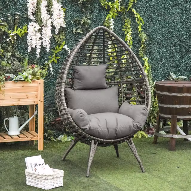 Outsunny Grey Rattan Wicker Teardrop Chair with Metal Frame