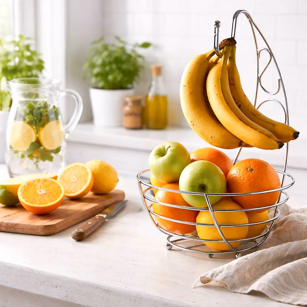 Marco Paul 2 in 1 Silver Metal Fruit Bowl Basket and Banana Hook Stand Holder – 3