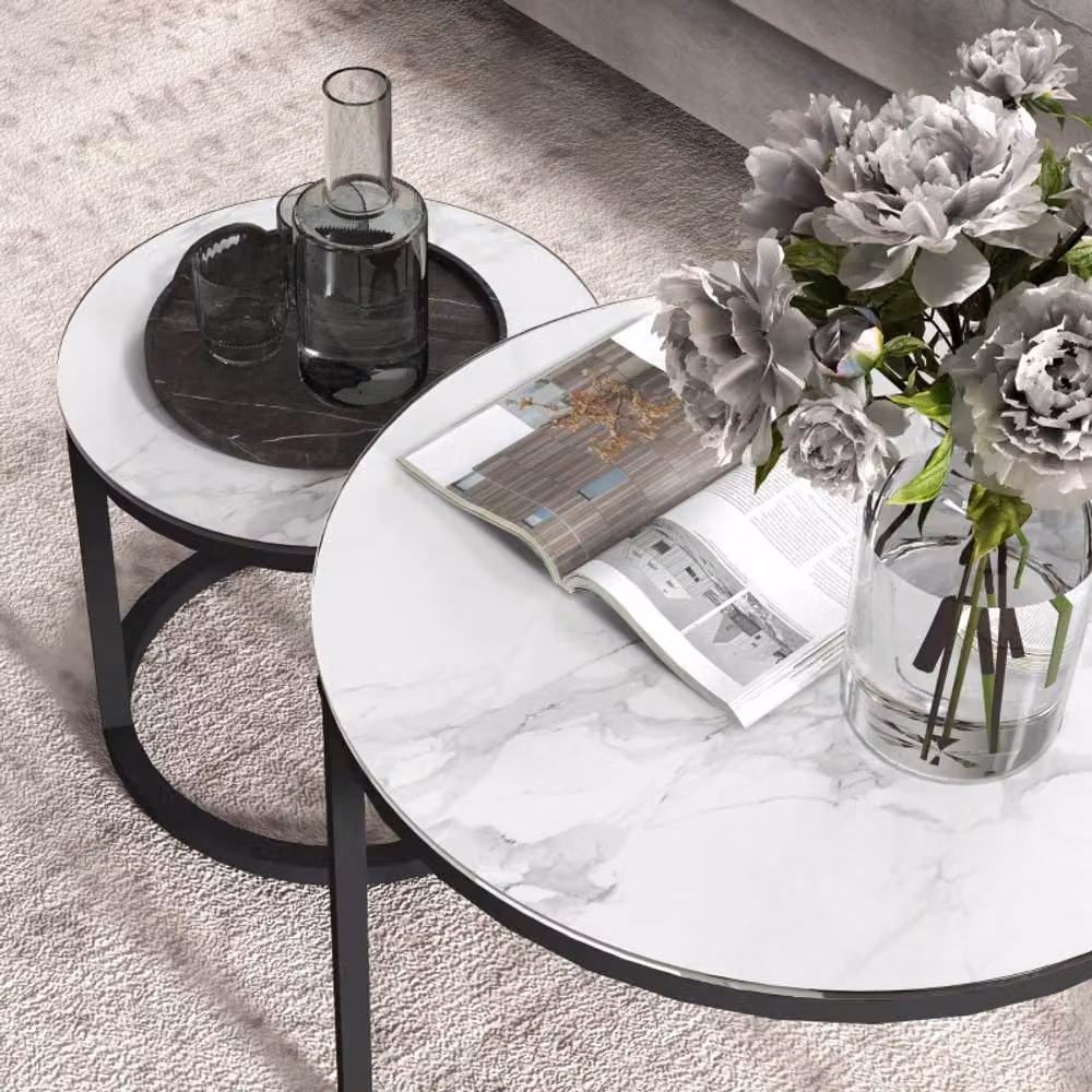 STILVORA 2 Piece Modern Round Nesting Coffee Table Set with Glass Tops and White Metal Sled Base – 7