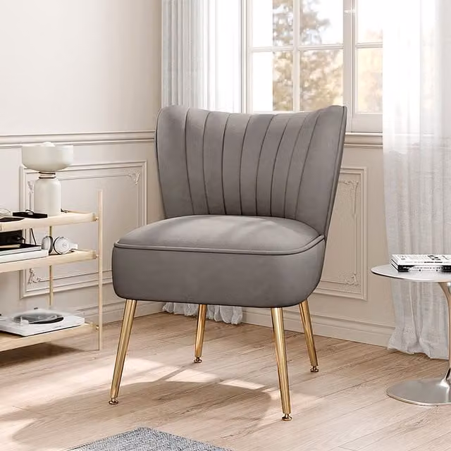 Livingandhome Grey Velvet Armless Wingback Accent Chair with Ottoman and Gold Legs