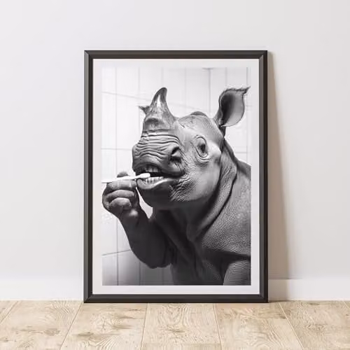 60 Second Makeover Rhino Brushing Teeth Animal Print Paper Poster, A3, Black, White and Grey