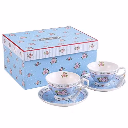 London Boutique Rose Blue Floral Tea Cup and Saucer Set of 2 in New Bone China and Porcelain – 1