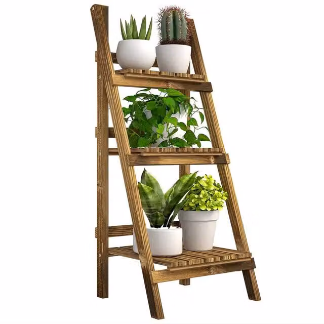 FORGEVIO 3-Tier Folding Wooden Plant Stand in Brown, W/D/H: 31.5 x 37.0 x 93.0 cm – 1