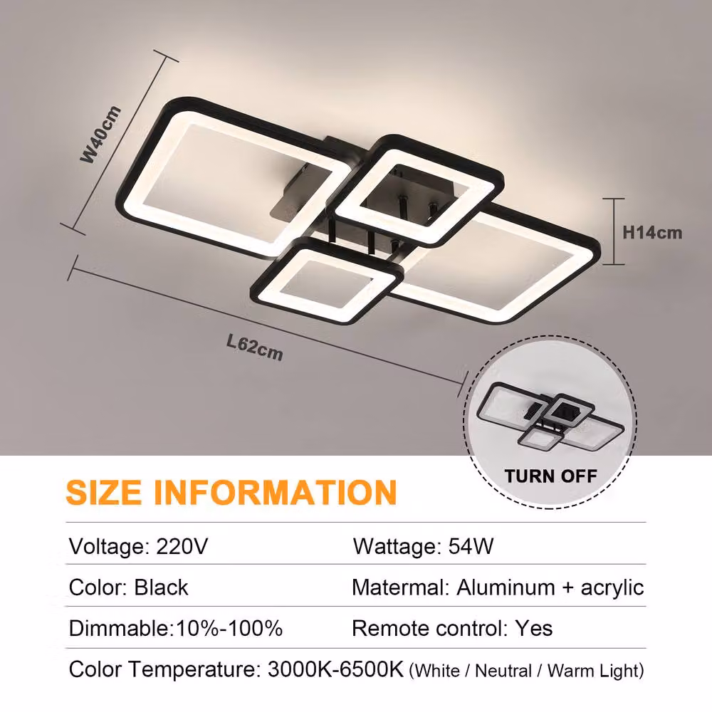 Pheashine Modern Black Multi-Square LED Ceiling Lamp, 54W Dimmable with Remote Control – 2