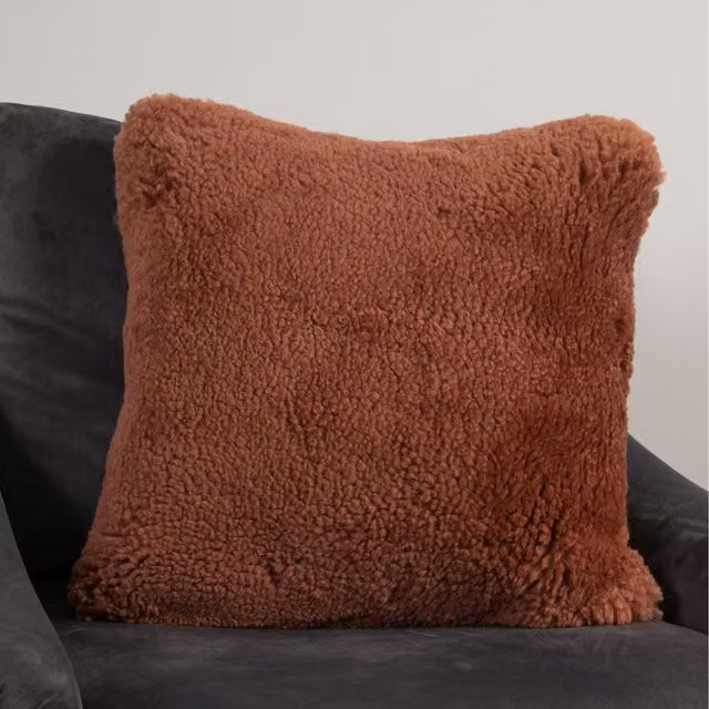 Native Natural Short Pile Lambskin Square Cushion in Coral