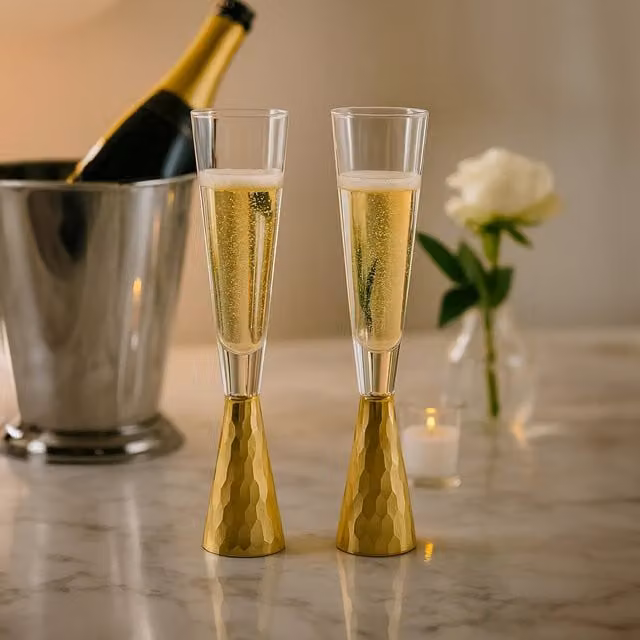 Orsina Set of Two Crystal Champagne Flutes with Geometric Design in Gold and Transparent
