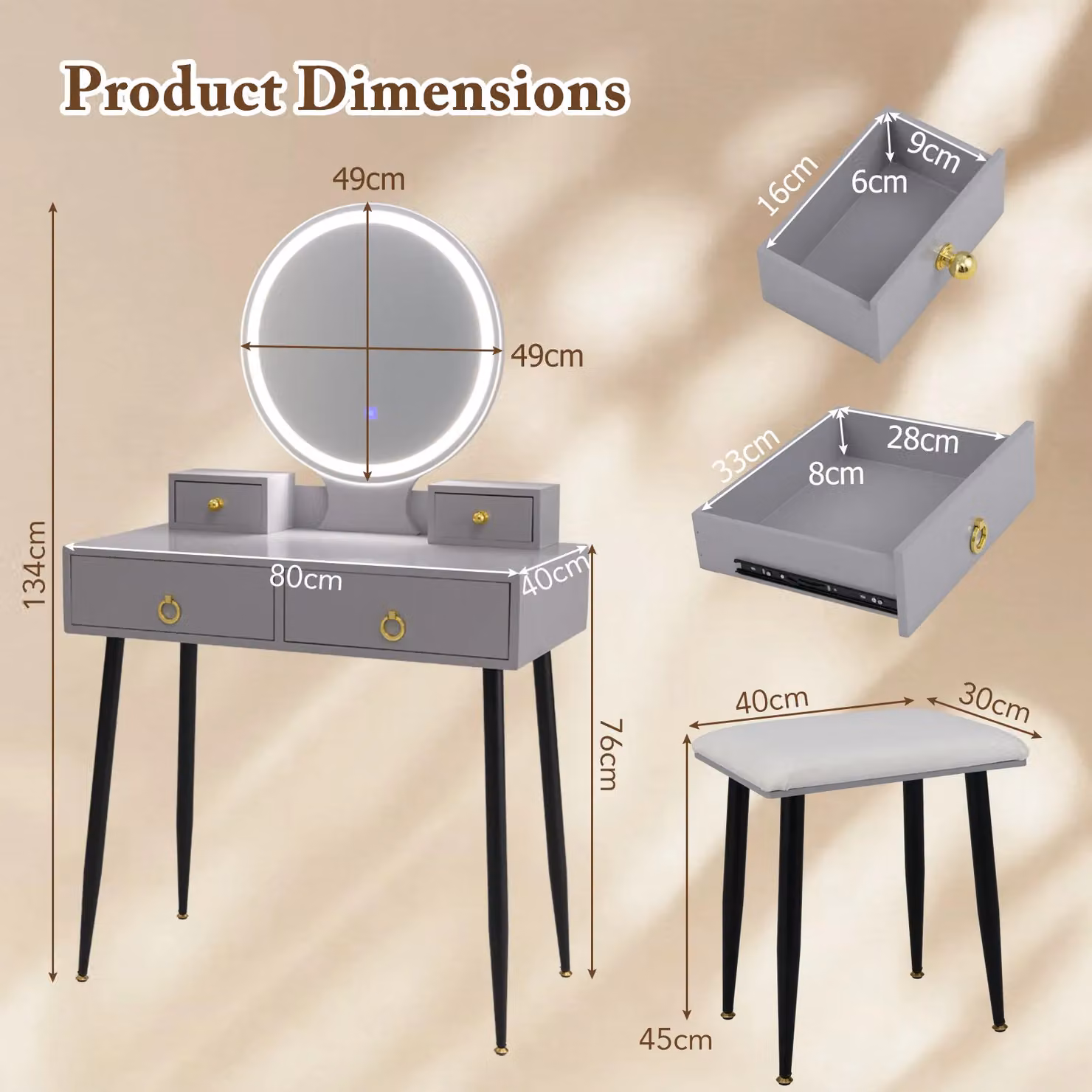 Gymax Grey Dressing Table with Stool and LED Lighted Hollywood Mirror and Drawers – 2