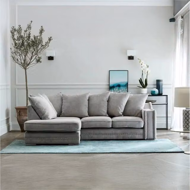 Furniture786Ltd Crown Studded Reversible Fabric L-Shape Corner Sofa in Grey