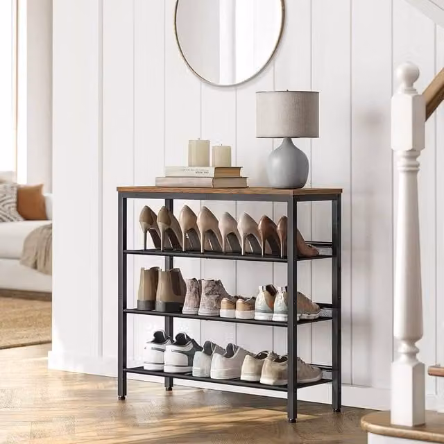 VASAGLE Adjustable Industrial Shoe Rack with Steel Frame and MDF Shelves in Brown