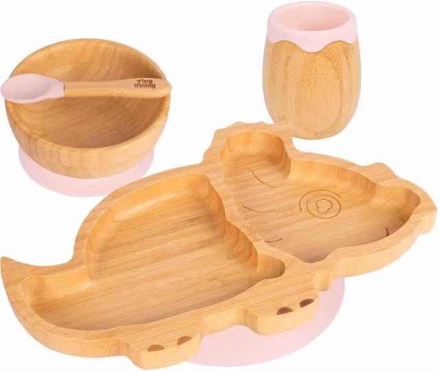 Tiny Dining Dinosaur Bamboo and Silicone Baby Feeding Set, 4-Piece, Pastel Pink