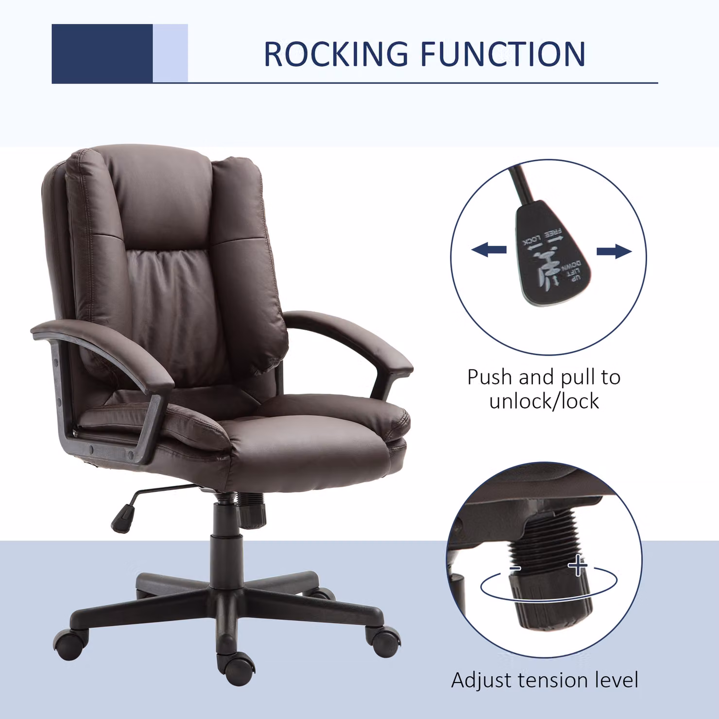 HOMCOM Brown Faux Leather Swivel Executive Office Chair with Armrests and Castors – 5