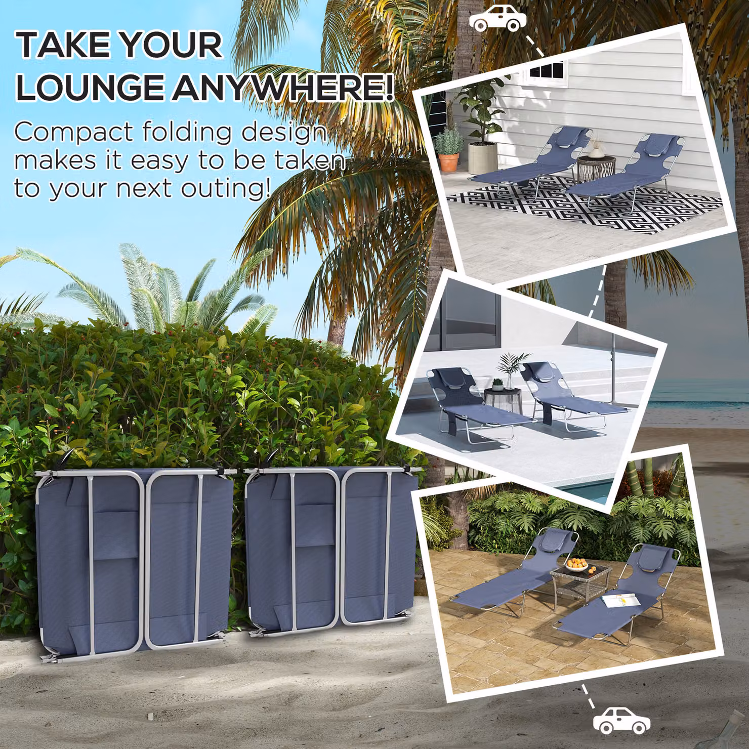 Outsunny Set of 2 Blue Foldable Sun Loungers with 5-Level Adjustable Backrest and Reading Hole – 6