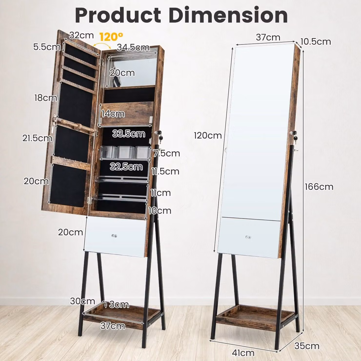 Costway Jewelry Cabinet Armoire in Brown with Full-Length Frameless Mirror, LED Lighting and Magnifying Mirror – 2