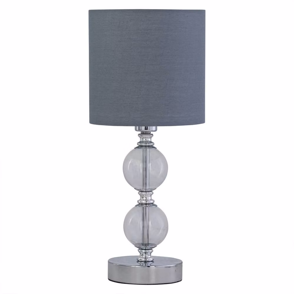 First Choice Lighting Set of 2 Chrome Two Ball Table Lamps with Grey Fabric Shades – 2