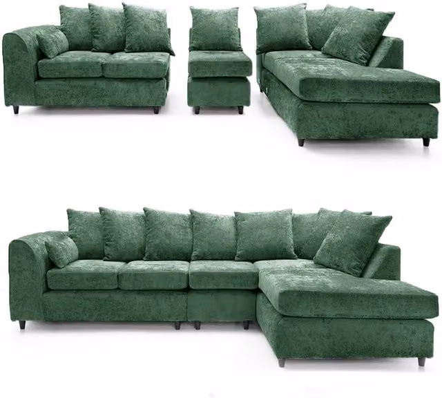 Furnishings For Less UK Monaco Green Chenille Fabric Large 5 Seater L Shaped Corner Sofa, Right Hand Facing