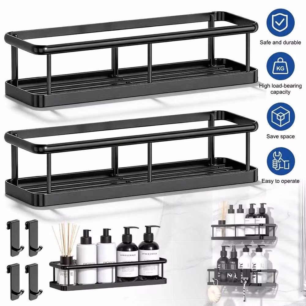 FORGEVIO 2 Piece Wall Mounted Metal Shower, Bathroom and Kitchen Storage Rack Caddy in Black, W: 180 cm, H: 180 cm – 3
