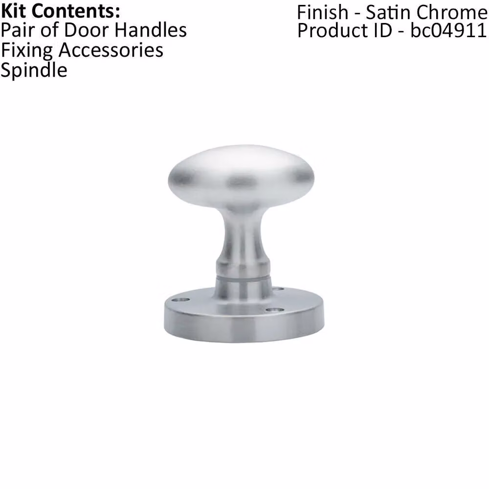 Loops Pair of Large Oval Mortice Door Knobs, 61mm Diameter, Satin Chrome – 2