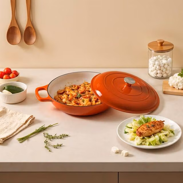 Living and Home Enamelled Cast Iron Casserole Pot with Lid, Orange, 3.2 l