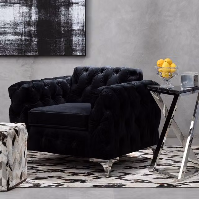 Orsina Black Velvet Quilted Chesterfield Lounge Chair with Silver Metal Frame – 2