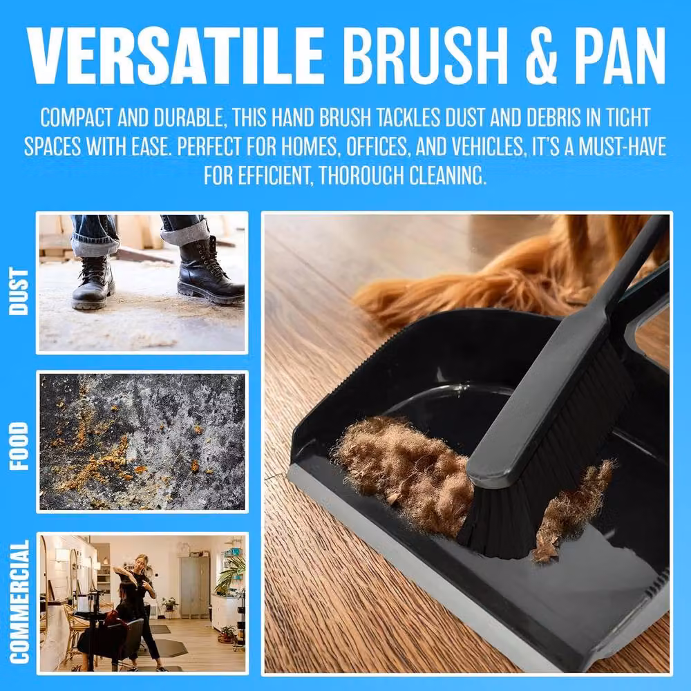 BARGAINS-GALORE Black Plastic Dustpan and Brush Set with Handheld Scrubber – 4