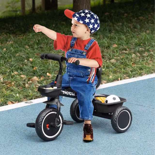 AIYAPLAY Height Adjustable Toddler Tricycle with Pedal Basket in Black