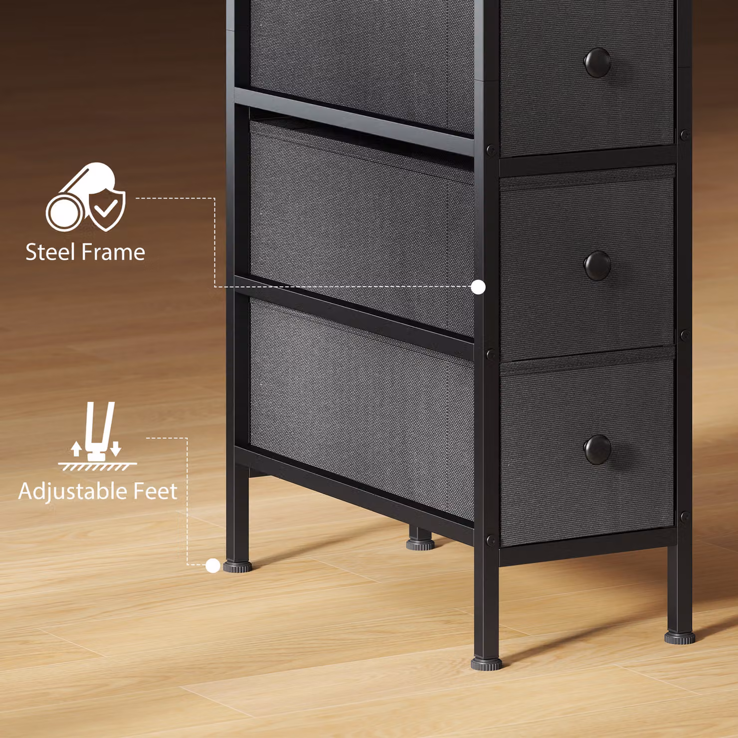 HOMCOM 4 Drawer Fabric Dresser Chest of Drawers with Steel Frame, Black – 6