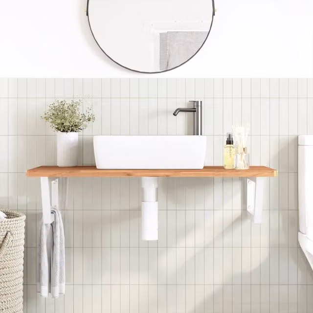 Berkfield Home Elegant Wall Mounted Basin Shelf in Brown Steel and Solid Beech Wood
