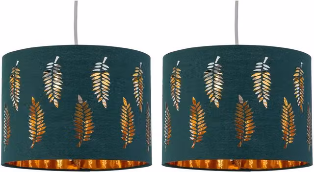 First Choice Lighting Set of 2 Fern Dark Green and Gold Modern Round Fabric Pendant Lightshades, Diameter: 30 cm