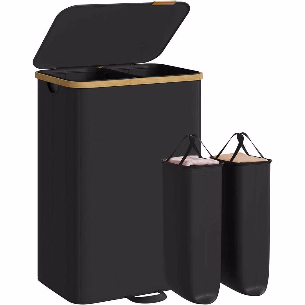 The Bazaarist Double Laundry Sorter with Lid and Removable Liners in Jet Black – 2