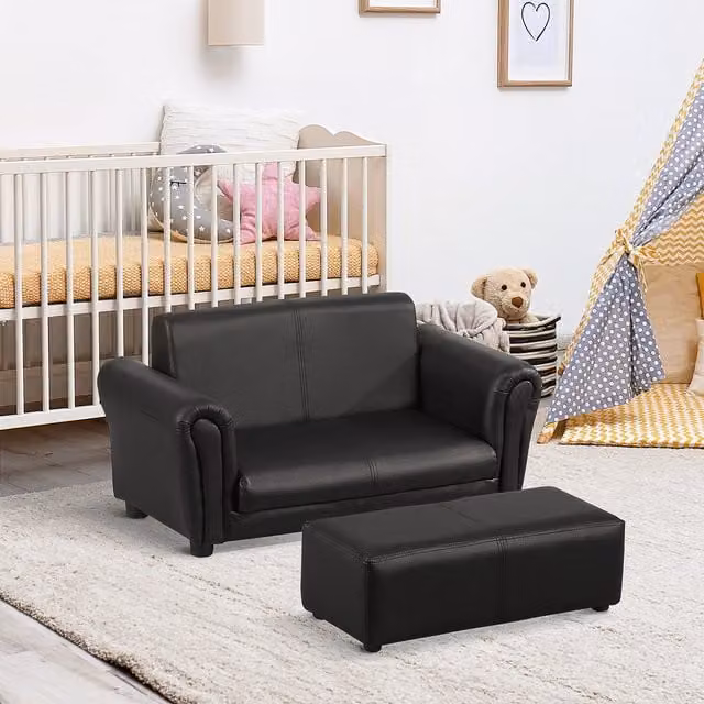 HOMCOM 2 Seater Kids Twin Sofa with Matching Ottoman in Black Synthetic Leather