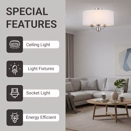 Cosylyte Winston 3-Light Semi Flush Ceiling Light with Silver Base and Beige Fabric Drum Shade, E14 LED Compatible – 4