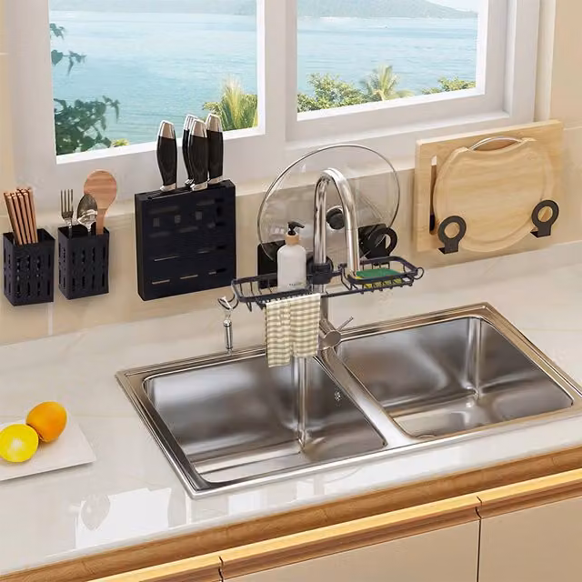 Livingandhome Aluminium Faucet Sink Rack with Hooks, Black