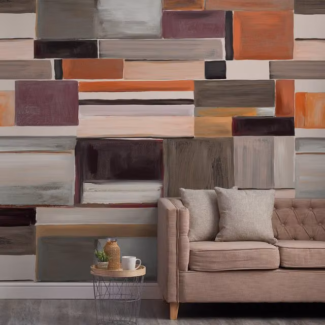 Grandeco Retro Colour Blocks 7 Lane Textured Abstract Wallpaper Mural in Orange and Multicolour