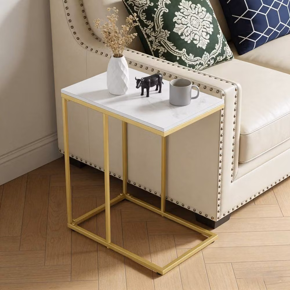 KORVIXA Modern C Shaped Coffee and Side Table with Ceramic Top in White and Gold – 3