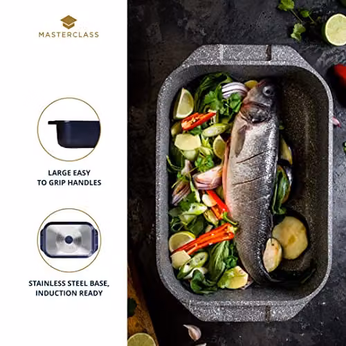 MasterClass Blue Aluminium Rectangular Roasting Dish with Handles, W: 26.0 cm, D: 10.0 cm, H: 6.8 cm – 4
