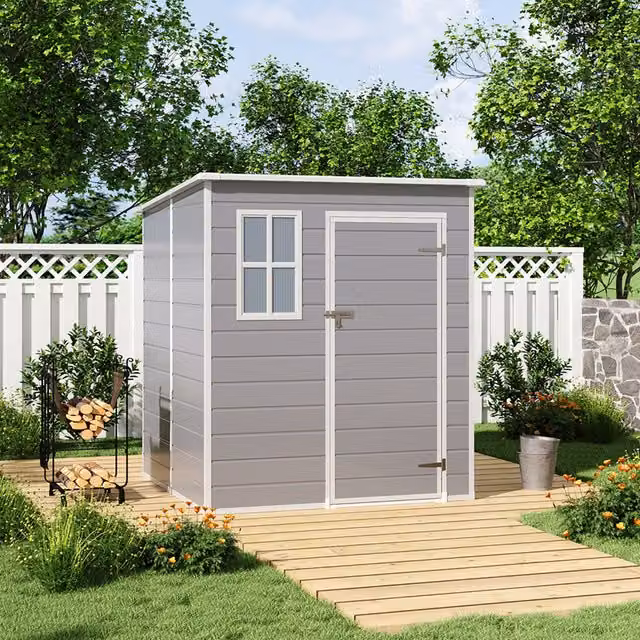 Komore Durable PP Storage Shed with Pent Roof, Window and Vent, Black & Grey