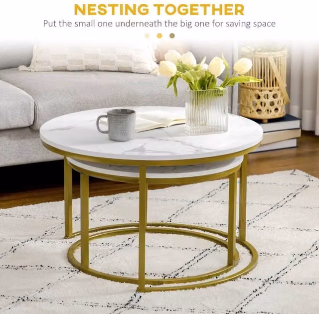 STILVORA Round Nesting Coffee Table Set of 2 with White MDF Tops and Gold Metal Frame