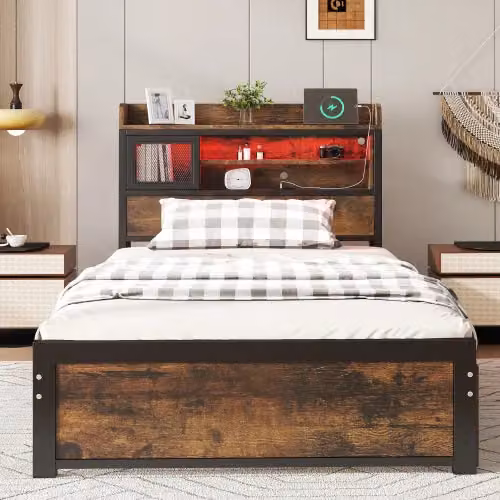 Matteo Metal Single Bed in Black with LED Light Strip, 2 Drawers and USB Charging Ports, W/D/H: 90 x 190 x 83.5 cm – 2