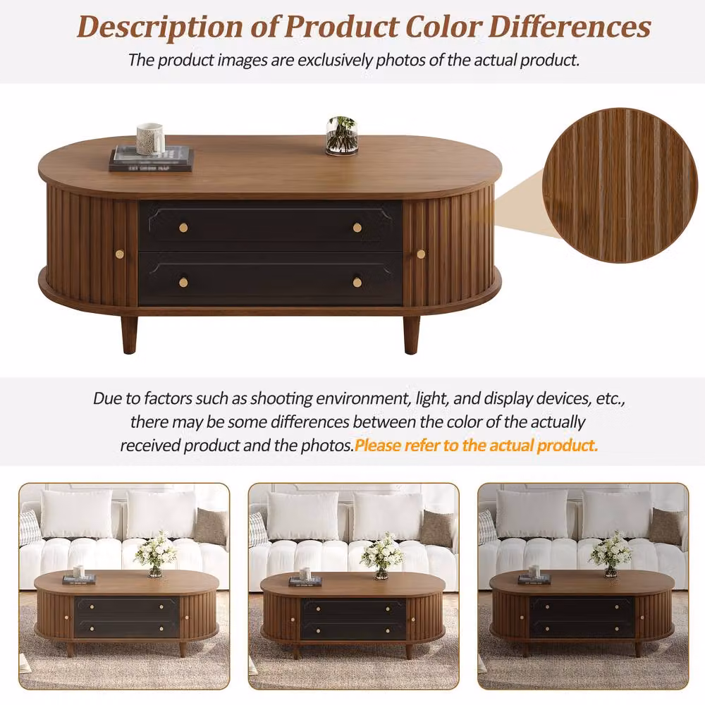Matteo Scandinavian Oval Coffee Table in Brown and Black Wood Finish with 2 Drawers and Roll-Up Door, W/D/H: 100 x 50 x 36 cm – 5