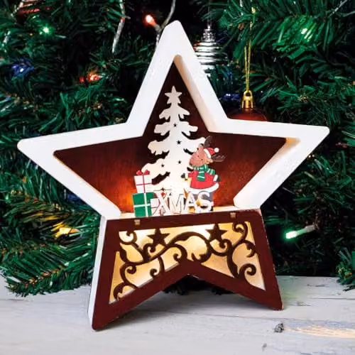 mysmartbuy Battery Powered Wooden Light Up Christmas Star Ornament with Reindeer and Tree Carving, Brown and Multicolour, H: 19 cm, W: 19 cm, D: 3.5 cm