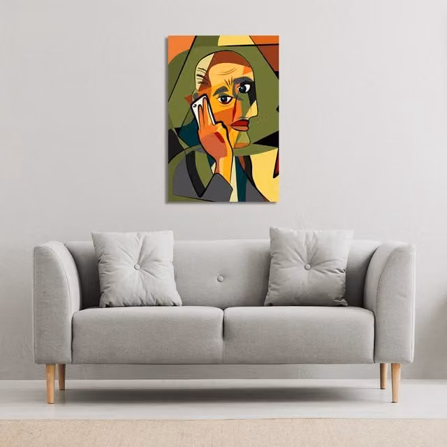 Benjamin Tate Design LTD Man on Phone Cubism Style Abstract Canvas Print, Green and Multicolour, W: 101 cm, H: 152 cm