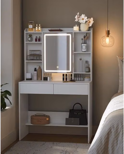 VASAGLE Hollywood LED Vanity Desk in White with Adjustable Brightness Mirror, W: 144.7 cm, D: 90.0 cm, H: 144.7 cm – 1