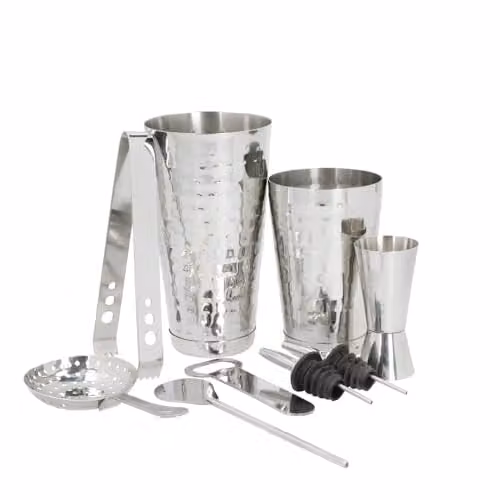 BarCraft 8-Piece Silver Stainless Steel Cocktail Set with Hammered Finish