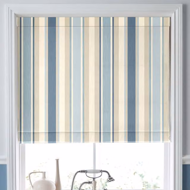 Laura Ashley Made To Measure Roman Blind in Seaspray Blue Awning Stripe Blackout