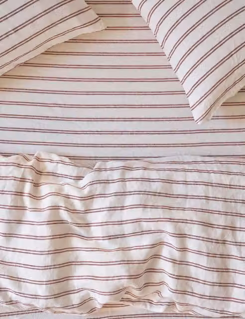 Piglet In Bed Kemptown Stripe Linen Rich Fitted Sheet, Red Mix, 180 x 200 cm