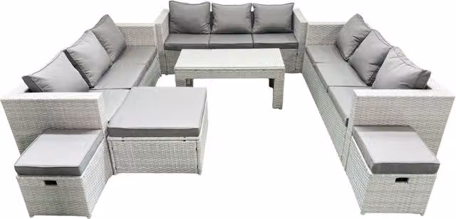 Fimous 12 Seater Rattan Garden Furniture Set with Oblong Coffee Table and 3 Footstools in Light Grey – 1
