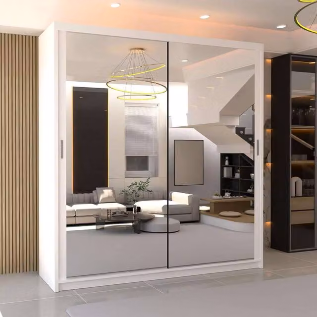 MN Furniture Double Mirror Sliding Door Wardrobe in White, W: 203 cm, H: 217 cm