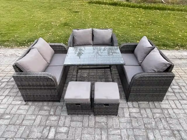 Fimous 8 Seater Outdoor Rattan Garden Furniture Set with Rectangular Dining Table and 2 Footstools in Dark Grey Mixed