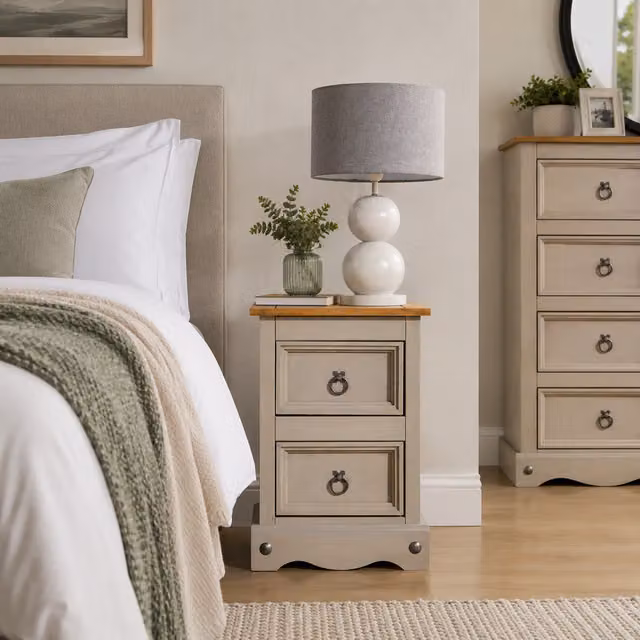 Mews Rustic Waxed Pine 2 Drawer Bedside Table in Grey and Black
