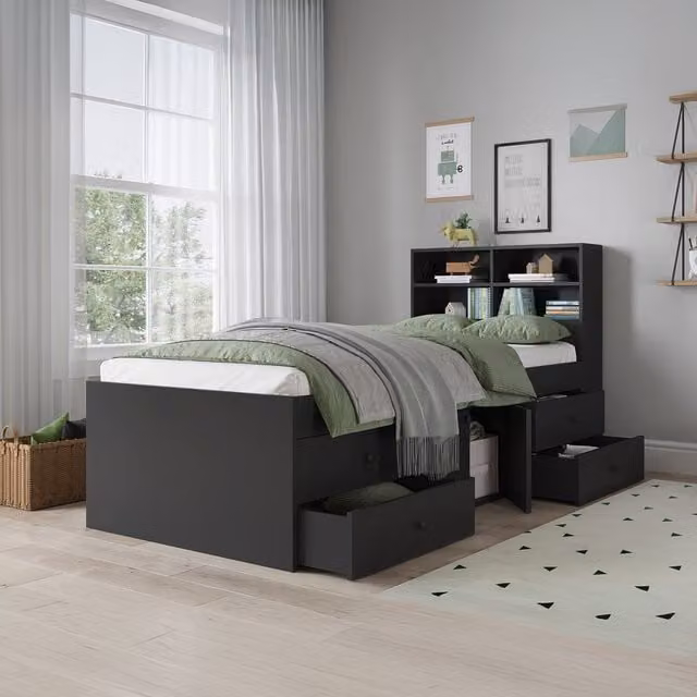 Kidsaw Single Storage Bed with Bookcase Headboard and 4 Drawers in Black, W/D/H: 90 x 190 cm